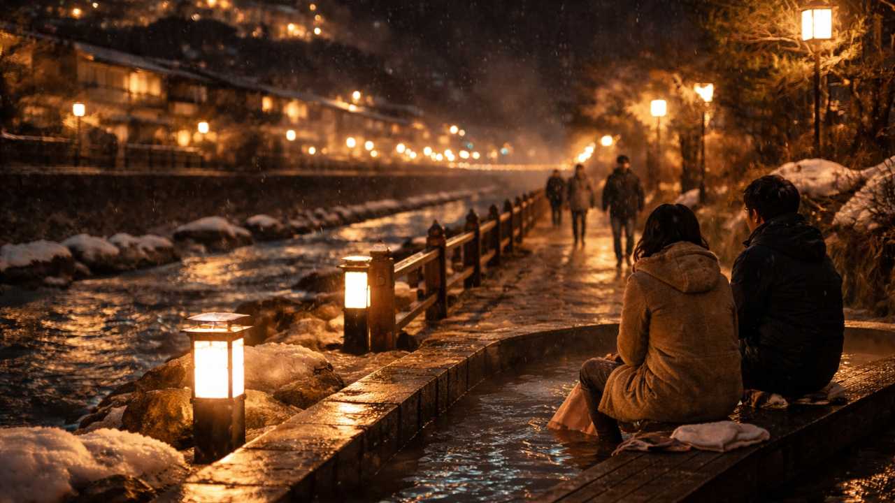 川沿いの散策路とライト、足湯に腰掛ける様子