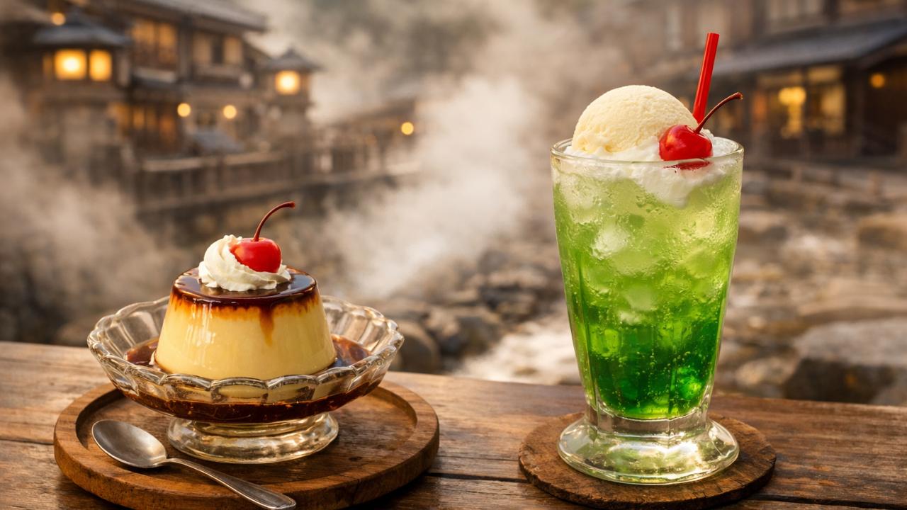 レトロな温泉街スイーツ（プリンとドリンク）を湯けむり背景