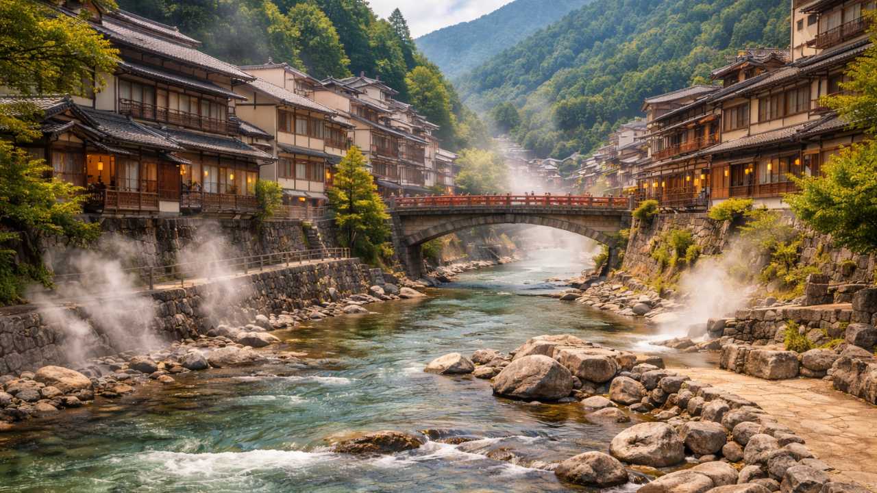 下呂温泉の温泉街と飛騨川、橋、湯けむりの雰囲気