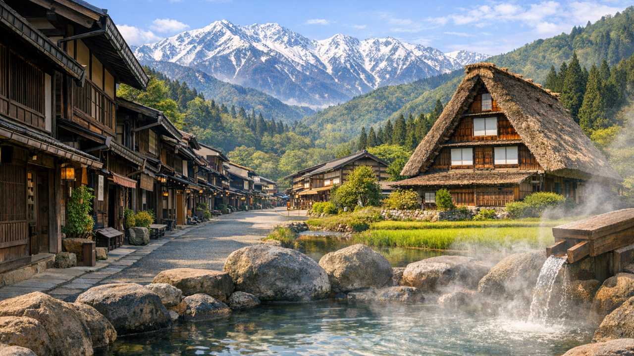 飛騨の山並み、古い町並み、合掌造り