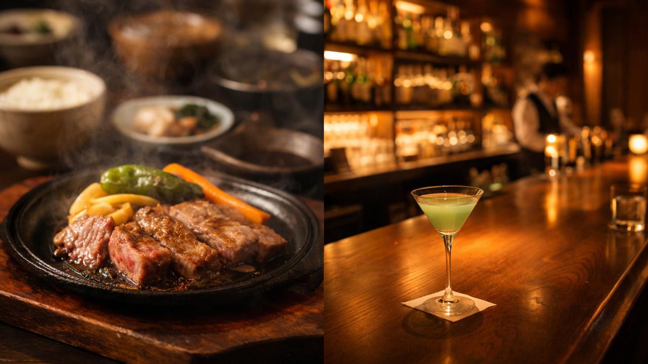 左に飛騨牛の夜ごはん（鉄板と湯気）、右に木のカウンターのバーでカクテル