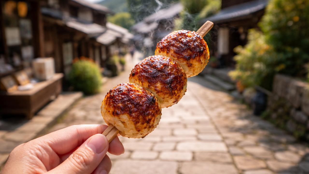 団子型の五平餅を手に持ったクローズアップ