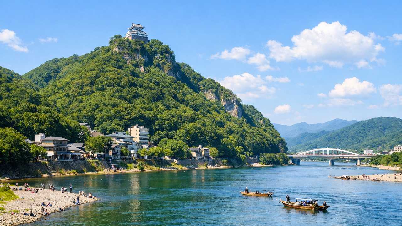 岐阜の長良川と金華山を見渡す爽やかな風景