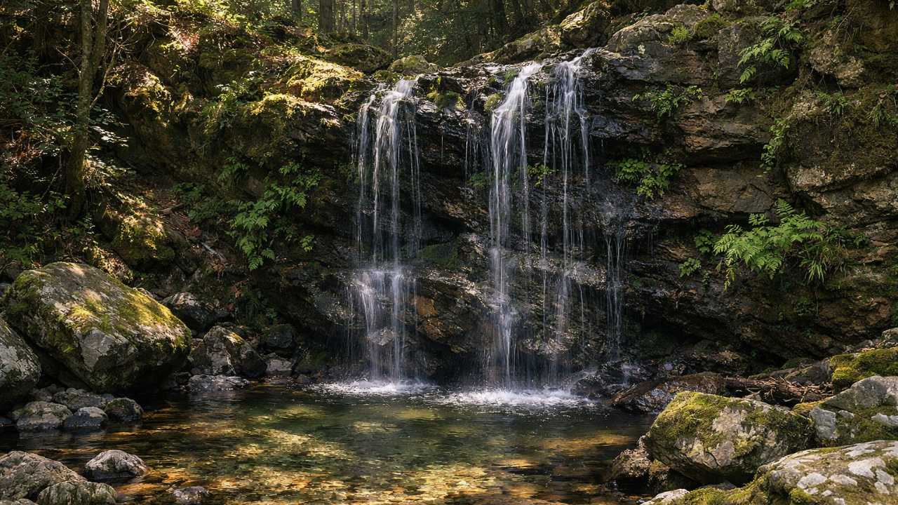 森の中にある小さな滝、岩肌を細い水流が落ちる