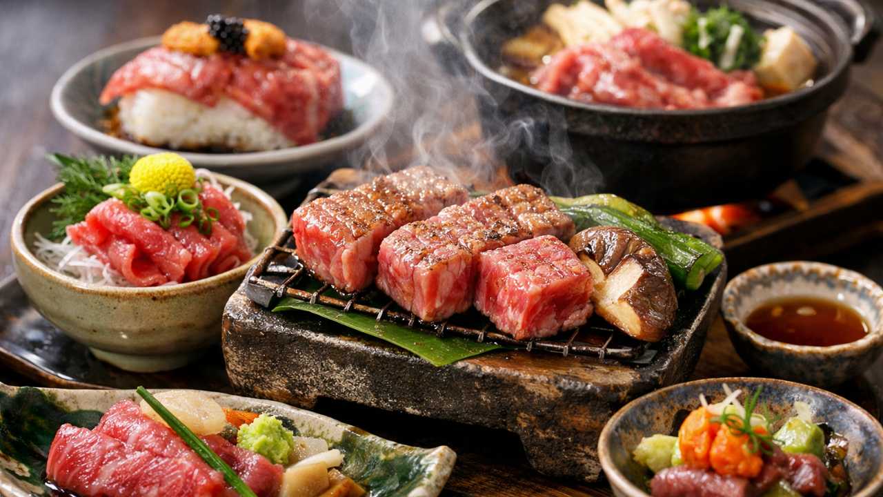 飛騨牛料理の美しい盛り付けの寄り