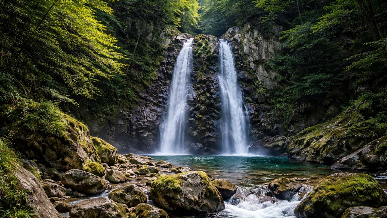 乙女渓谷の夫婦滝を遠望、二条の滝が岩壁から落ちる迫力