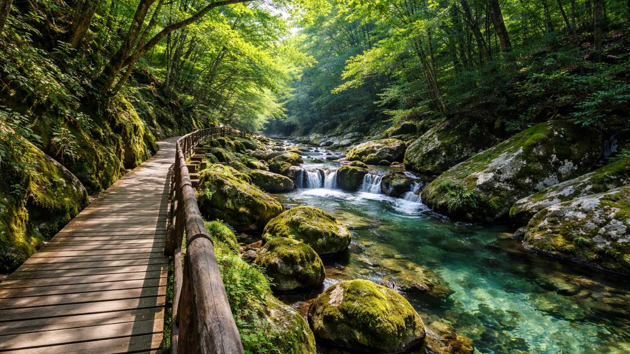 乙女渓谷の渓流沿い木道