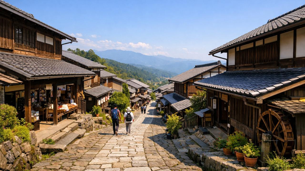 晴れた日の馬籠宿、石畳の坂道と町家が続く広角構図