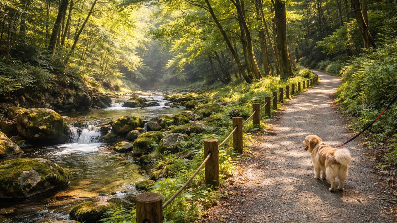 森林の遊歩道とせせらぎ、犬が落ち着いて歩く