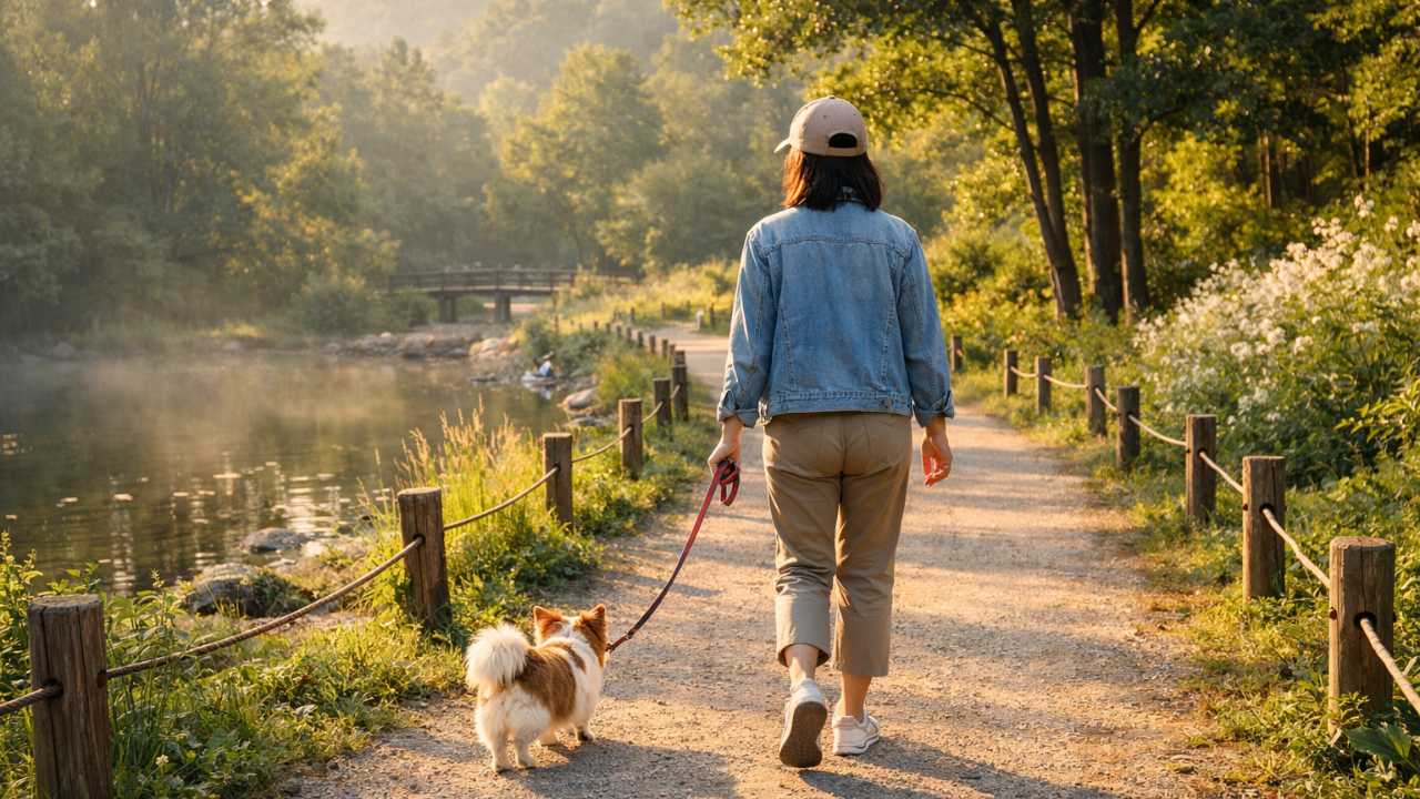 岐阜の自然豊かな公園の園路を、小型犬と飼い主がリードで散歩