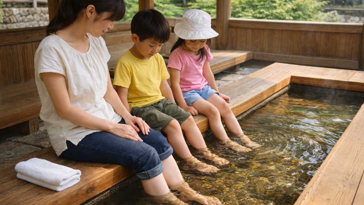 木造の足湯に親子が座っているシーン