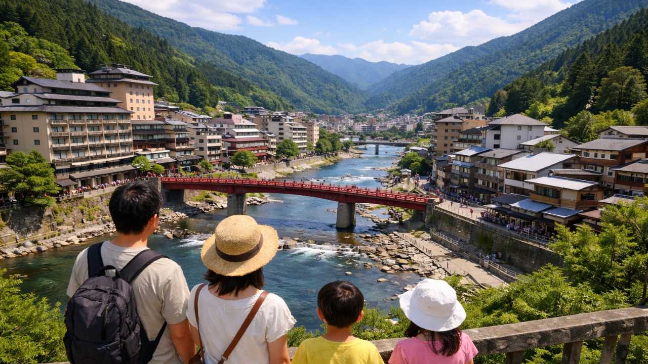 下呂温泉の温泉街を見下ろす広角風景