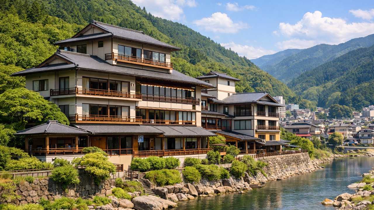 下呂温泉の山あいに建つ旅館の外観