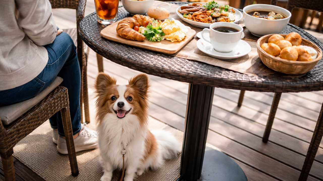 テラス席で犬が足元でおとなしく待ち、テーブルに和洋の軽食がある写真風