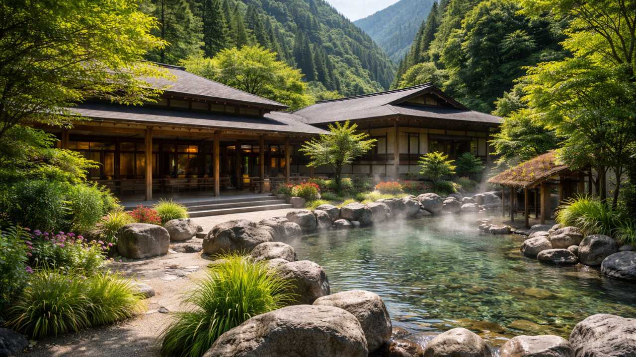 板取川温泉の山あいの温泉施設外観