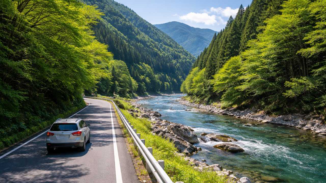 岐阜の清流沿いの山道を走る車