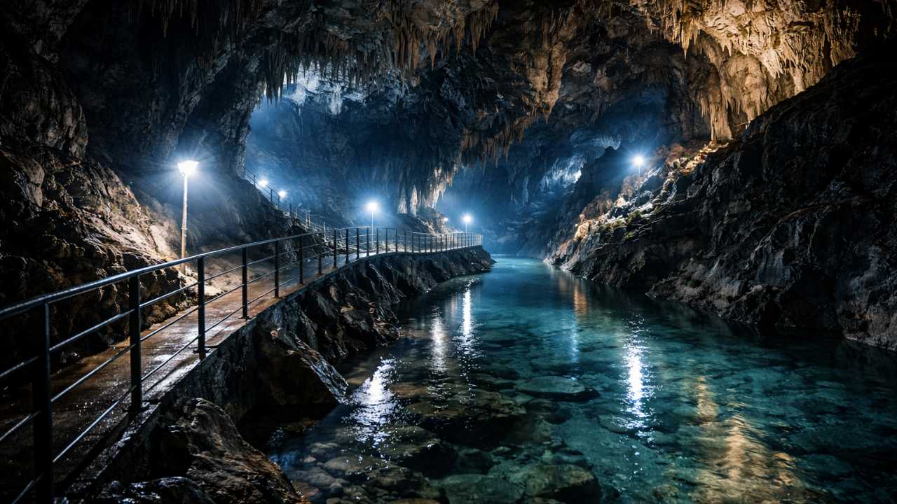 洞窟の雰囲気：鍾乳洞の通路と青白い照明