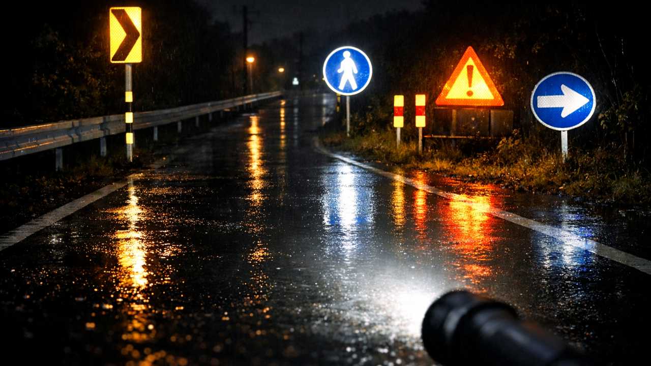 安全注意：夜道の反射標識と手元のライト