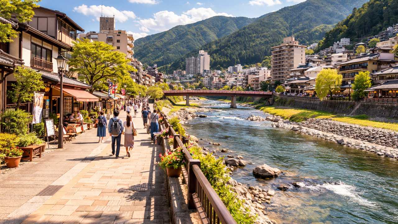 下呂温泉街の飛騨川沿いの昼景