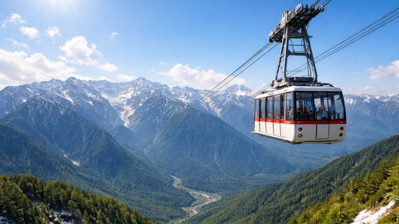 北アルプスの稜線とロープウェイのゴンドラ