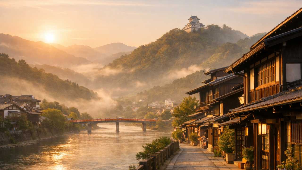 岐阜県の旅を象徴するコラージュ風の風景（岐阜城の山並み、長良川、高山の町並みを柔らかく合成）