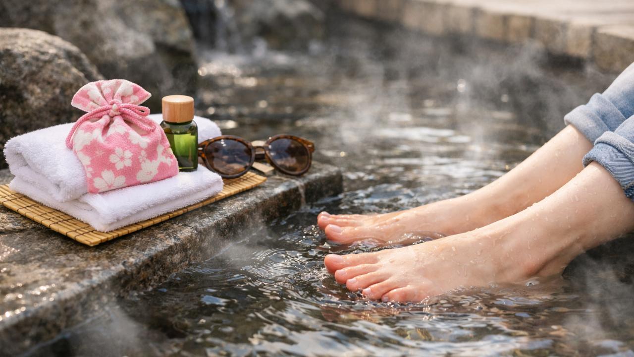 温泉街の足湯に浸かる足元のクローズアップ