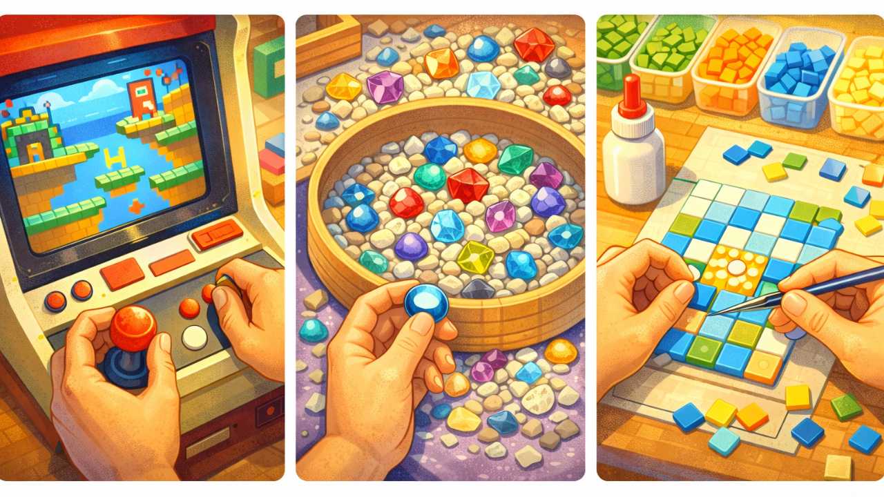 左に昭和レトロゲーム、中央に宝石探し、右にタイルクラフトの手元