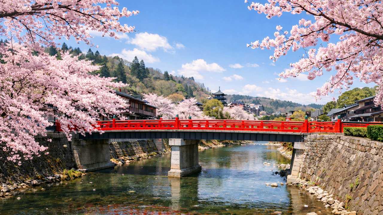 飛騨高山の中橋を主役に、朱色の橋と満開の桜