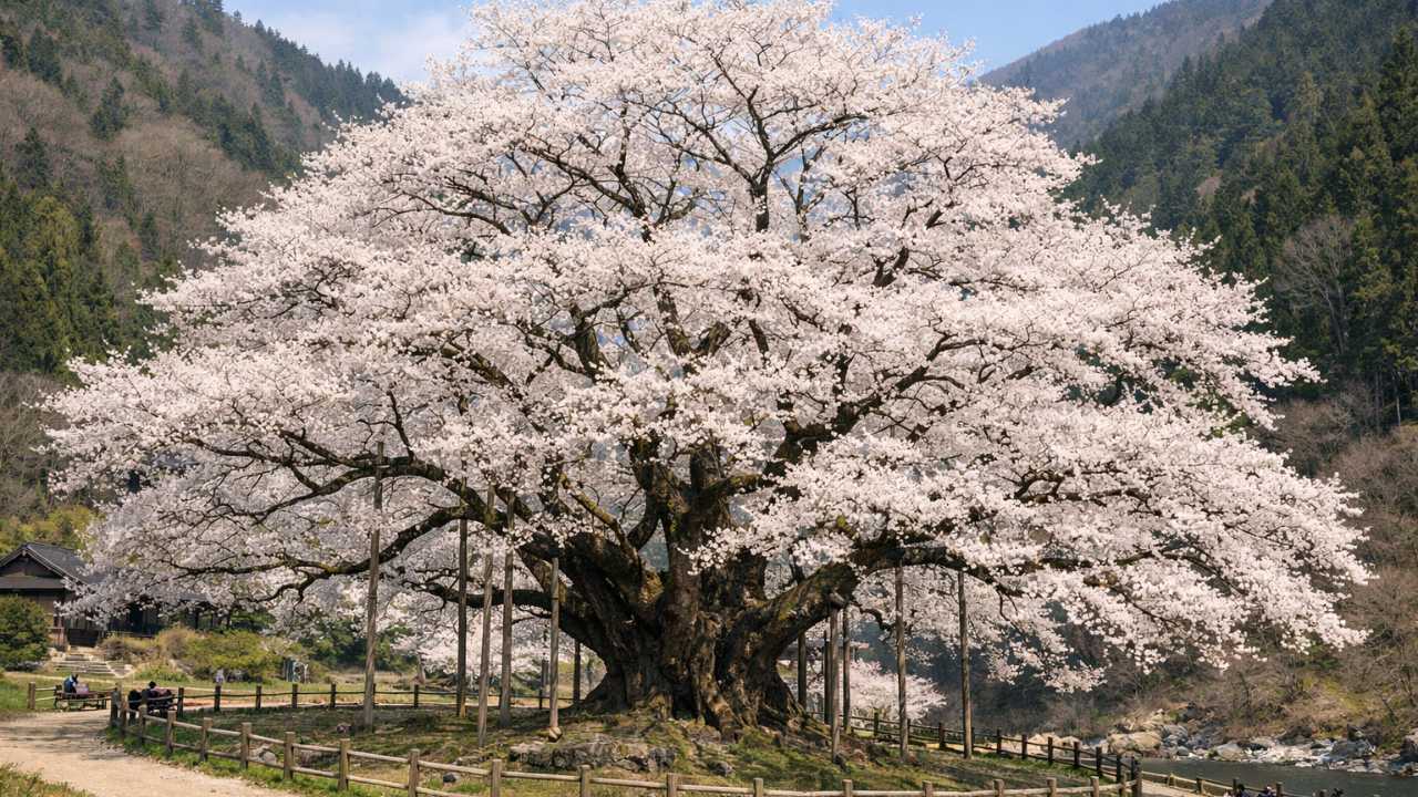 薄墨桜の昼：春の山あいの公園に立つ一本桜