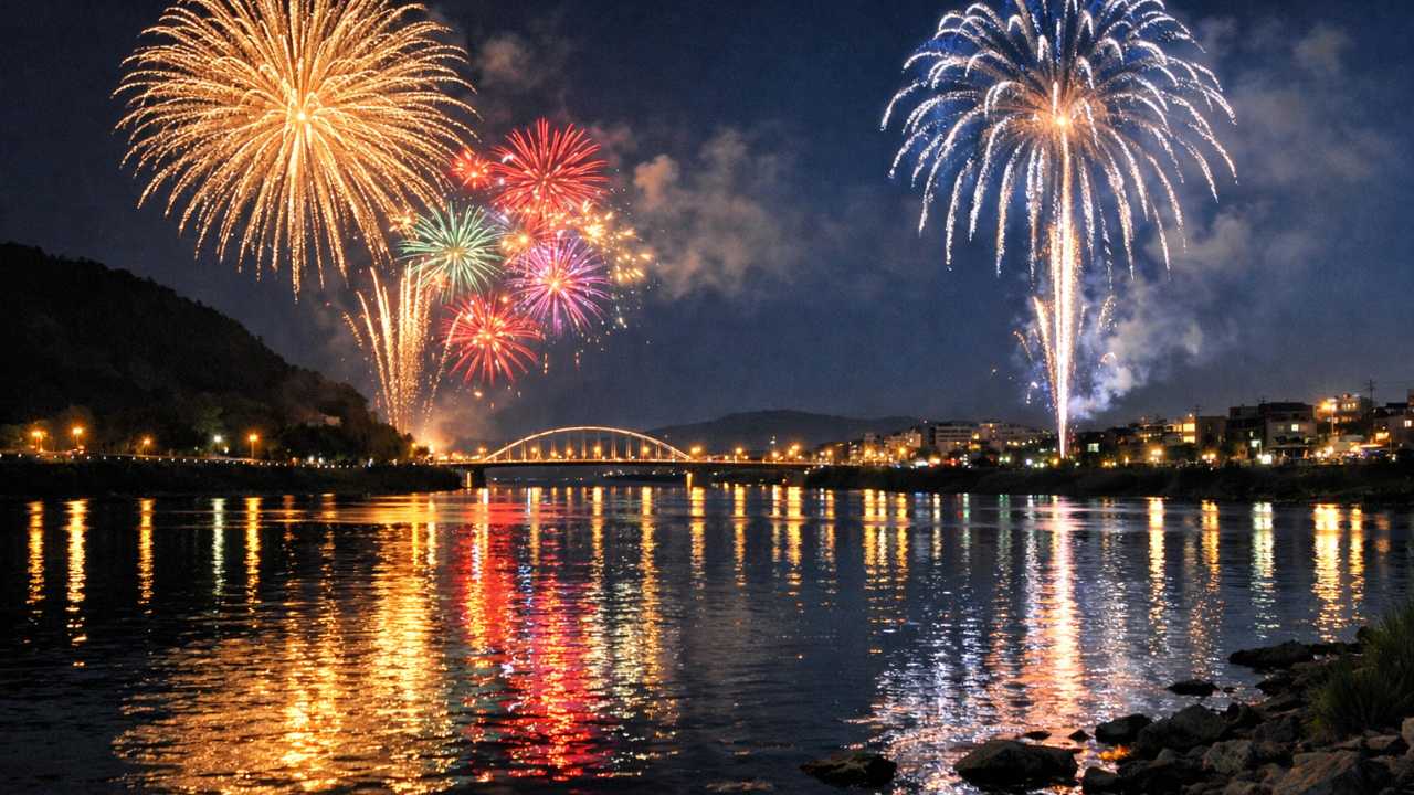長良川の河畔から見上げる夏の花火