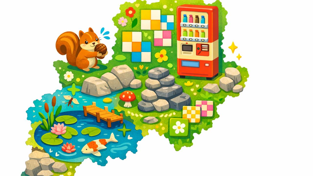 岐阜の地図シルエットに、リス・タイル・石・レトロ自販機・池の要素