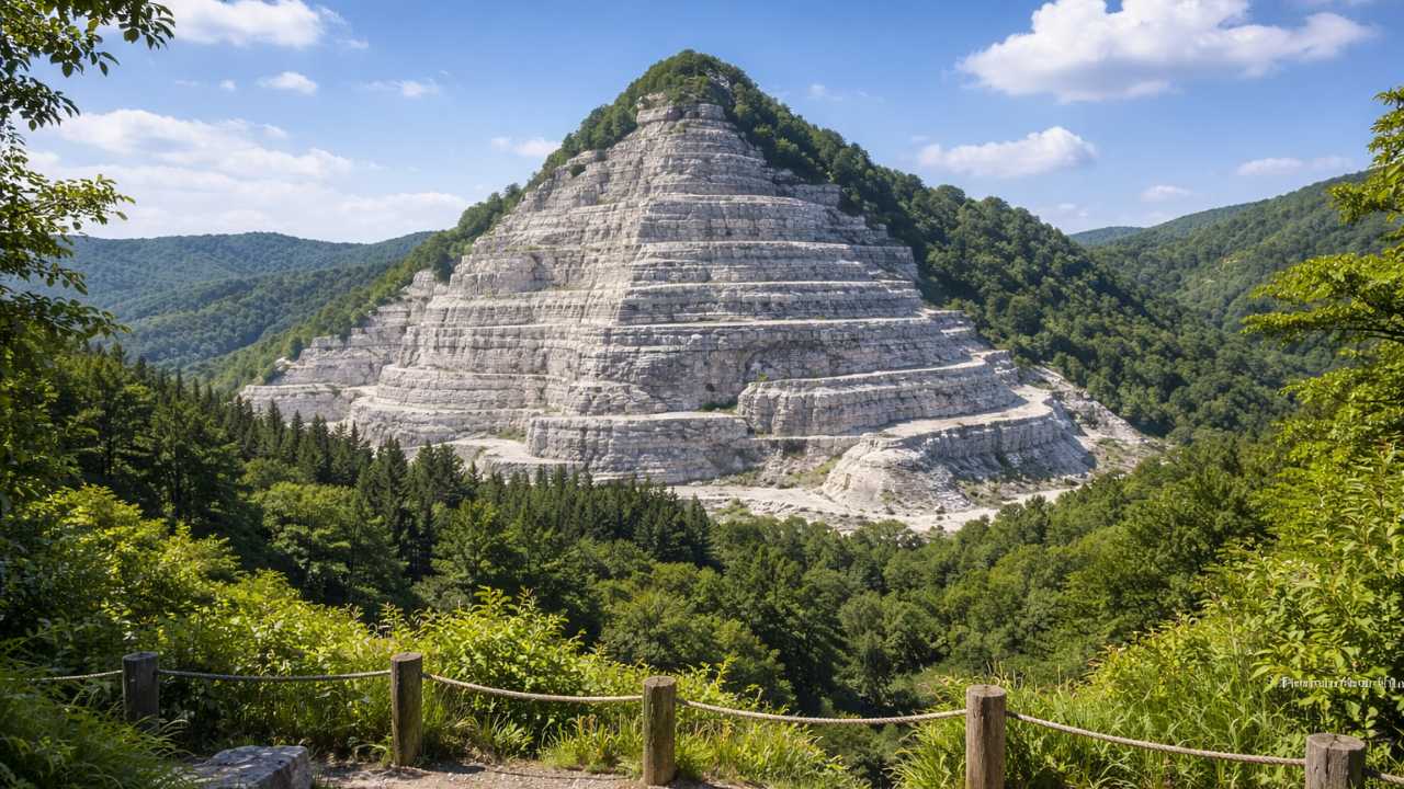 遠景から見た段々の山肌がピラミッドのように見える構図