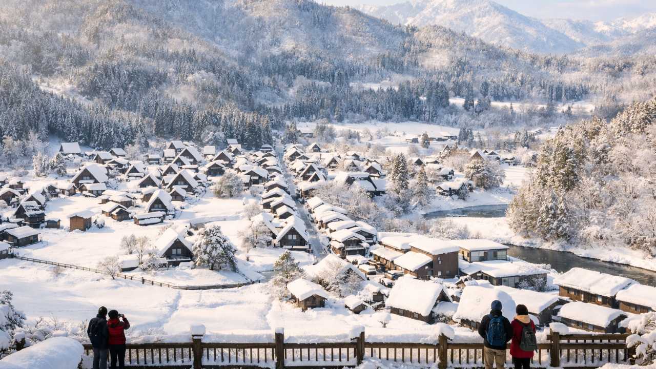 白川郷の天守閣展望台から見下ろす荻町合掌造り集落