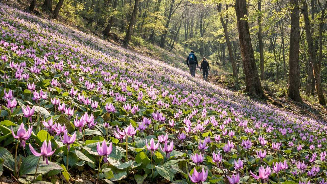 春の斜面一面に咲くカタクリ群生地