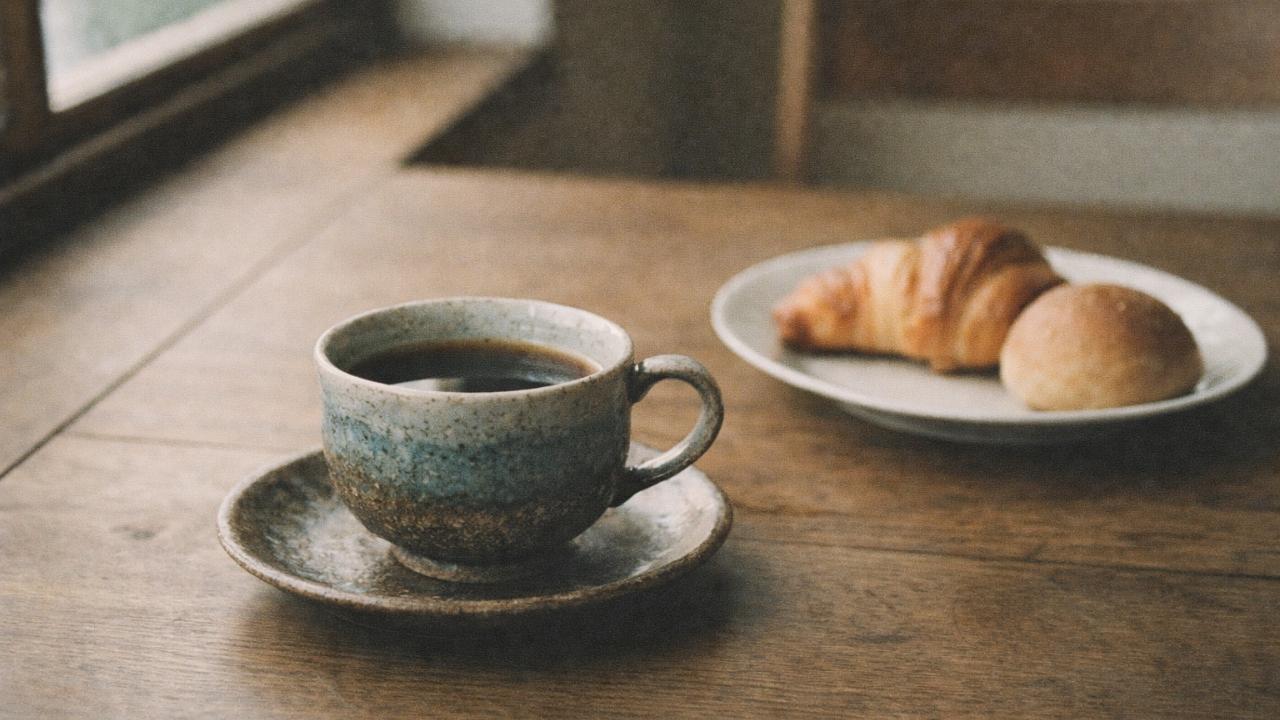 美濃焼のコーヒーカップとパンのカフェテーブル