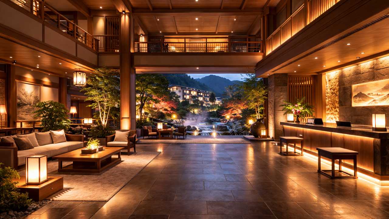 下呂温泉、和モダン高級旅館のロビー