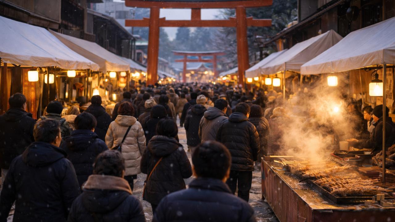 岐阜の神社、商店が並ぶ参道と赤い鳥居、正月の賑わい