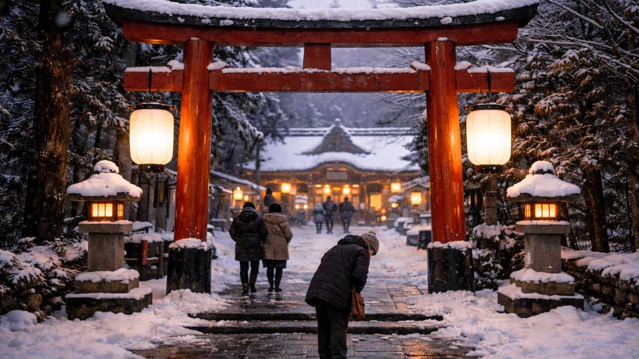 雪の朝、岐阜の神社の鳥居と参道