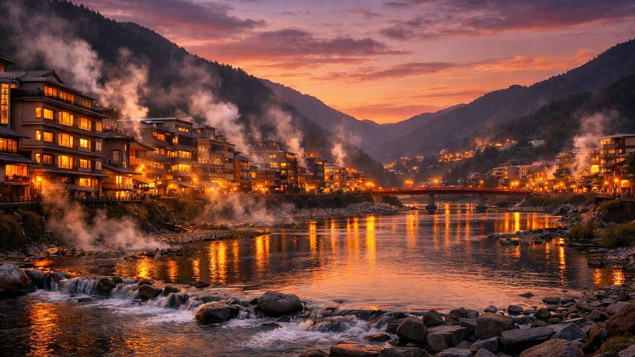 夕暮れの飛騨川、川沿いに広がる下呂温泉街