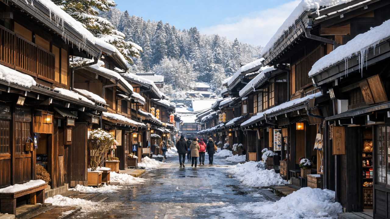 飛騨高山の古い町並みを背景に、冬の澄んだ空気感