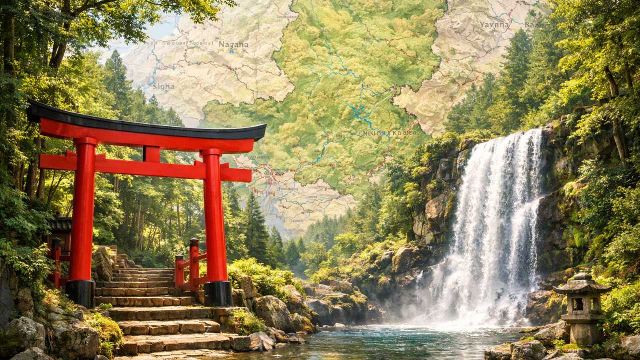 岐阜県の地図を背景に、神社の鳥居・滝・森の要素をバランスよく配置した旅行アイキャッチ