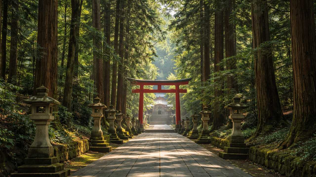 日枝神社の参道、杉木立に囲まれた道