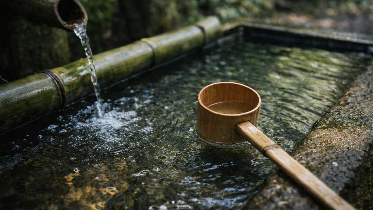 神社の手水舎の水面と柄杓