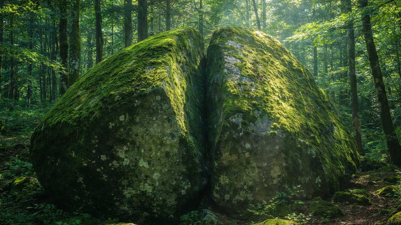 位山の森の中に立つ巨大な岩