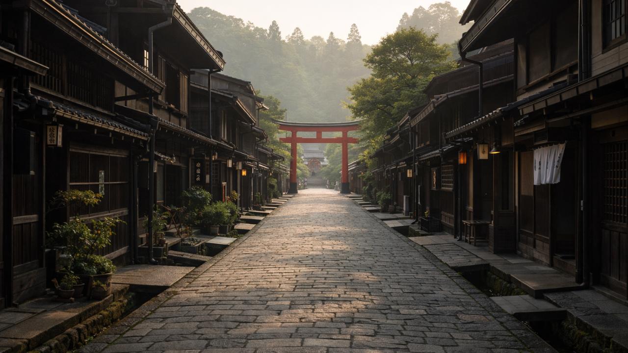 飛騨高山の古い町並みの朝、鳥居が奥に見える静かな通り