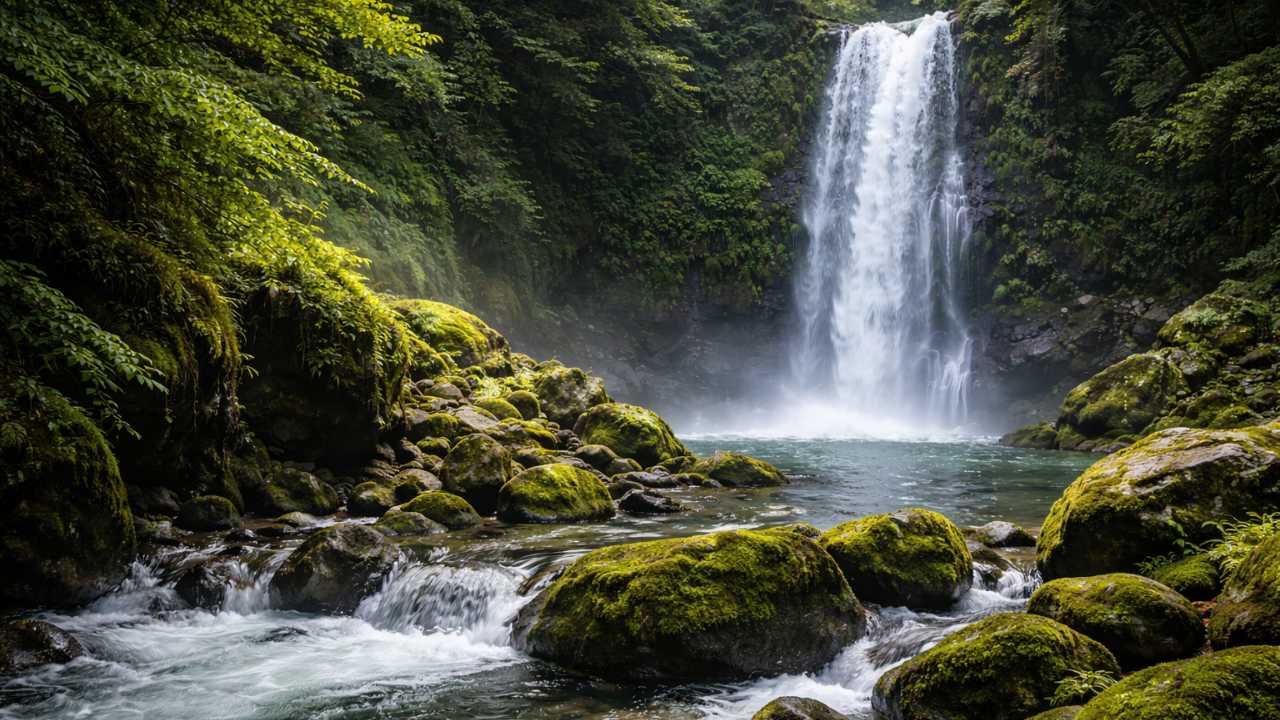 （養老の滝イメージ） 森の中の滝、水しぶき、苔むした岩、癒しの雰囲気