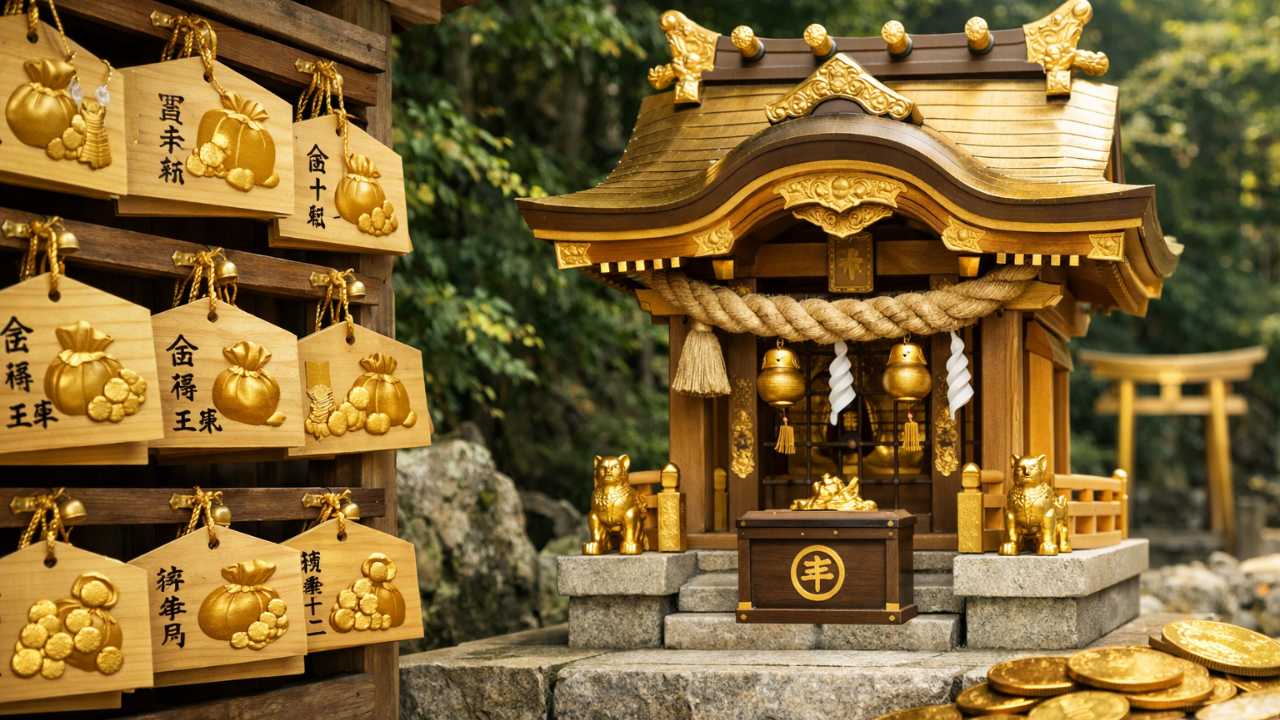 金神社、金運を連想させる神社の小さな社殿と絵馬