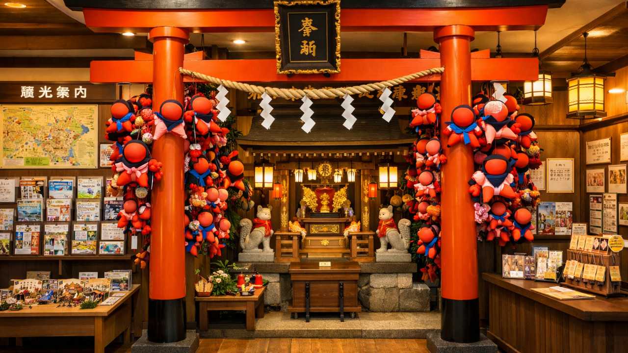 屋内の小さな神社、朱色の鳥居、可愛いさるぼぼの装飾
