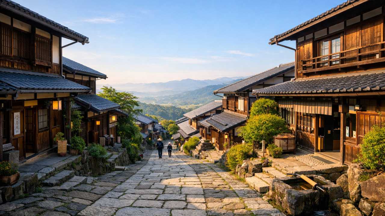 岐阜県中津川市の馬籠宿、石畳の坂道と木造の宿場町