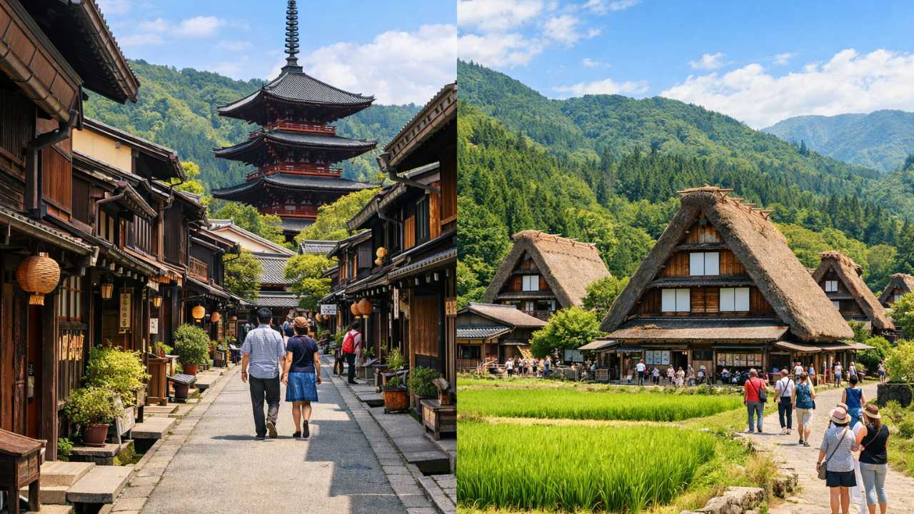飛騨高山の古い町並みと白川郷の合掌造り集落を左右に並べた比較ビジュアル